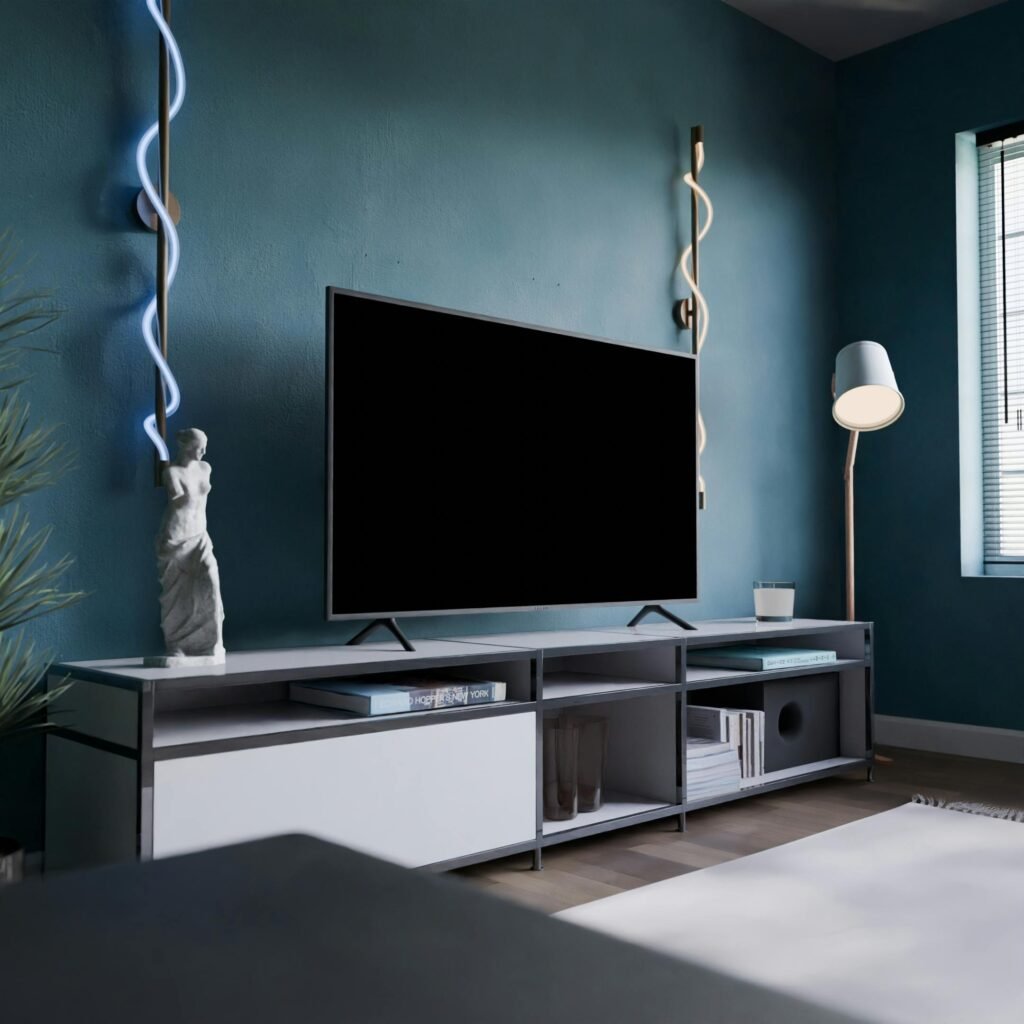 Stylish contemporary living room with TV, sculpture, and modern lighting design.